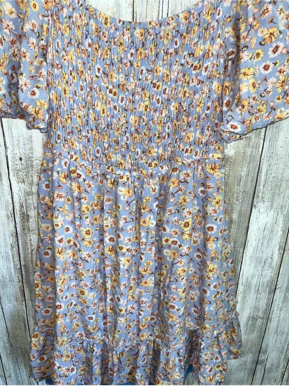 Altar’d State Blue Floral Smocked Mini Dress Open Back Puff Sleeve Cottagecore - Picture 4 of 6